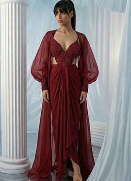 Maroon Silk Cut Dana Zarkan Hand Embroidered Indowestern Skirt Jacket Set