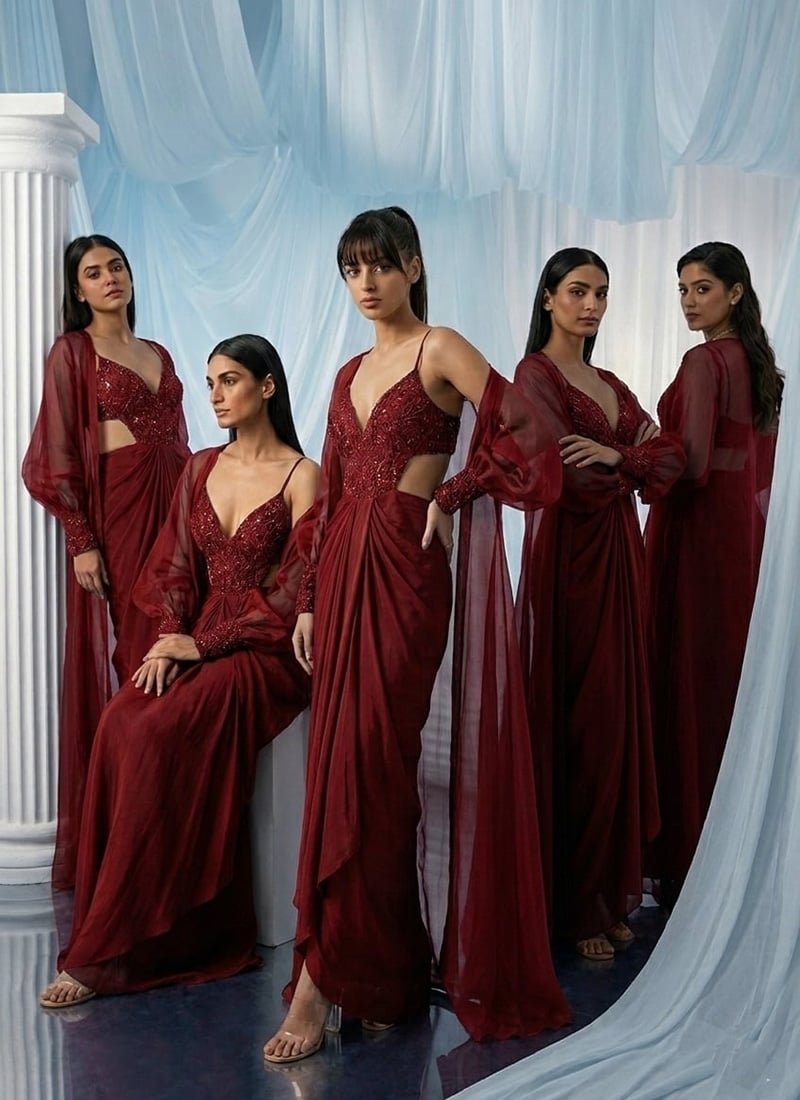 Maroon Silk Cut Dana Zarkan Hand Embroidered Indowestern Skirt Jacket Set Wedding Wear