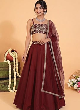 Maroon Silk Cutdana Beads Sequins Hand Embroidered Lehenga