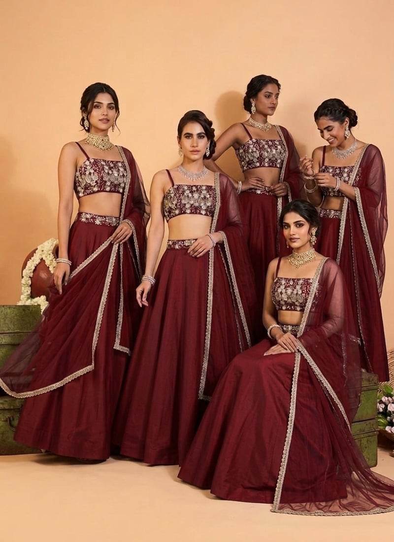 Maroon Silk Cutdana Beads Sequins Hand Embroidered Lehenga Wedding Wear