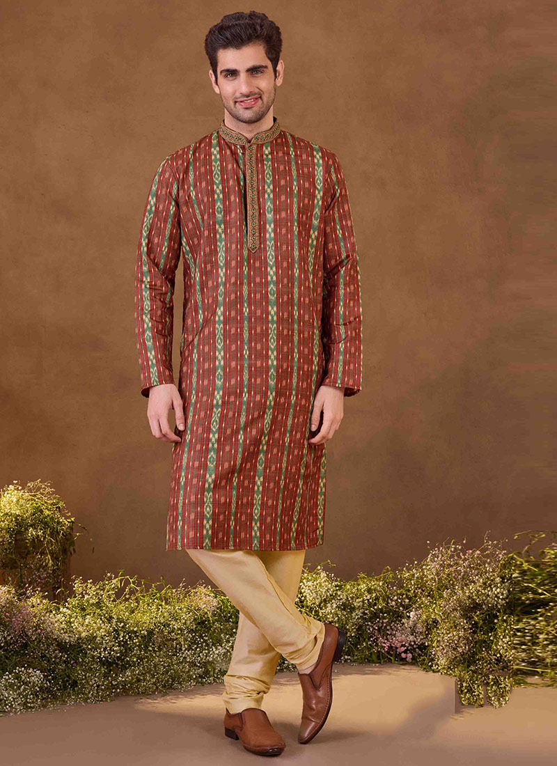 Maroon Silk Digital Print Kurta Pyjama For Men Festive Wear