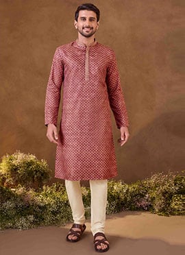 Maroon Silk Digital Print Kurta Pyjama For Men