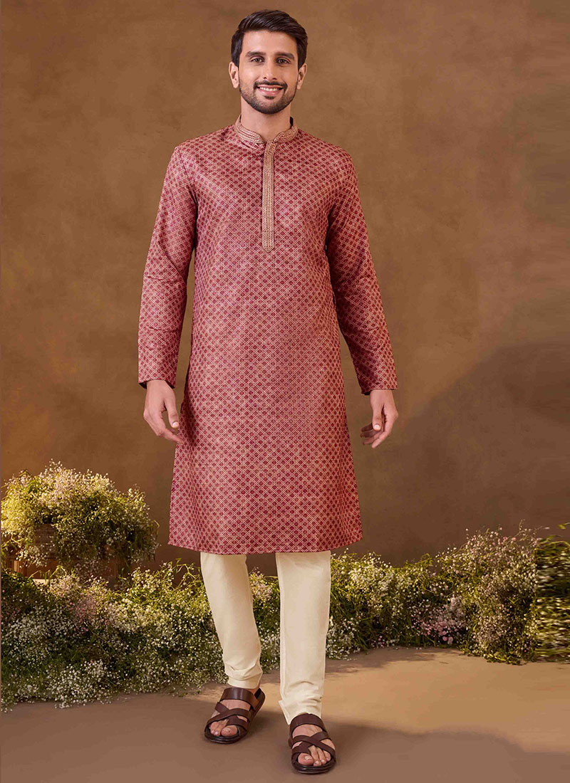 Maroon Silk Digital Print Kurta Pyjama For Men Festive Wear