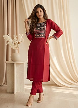 Maroon Silk Digital Print Kurta Straight Pant Set