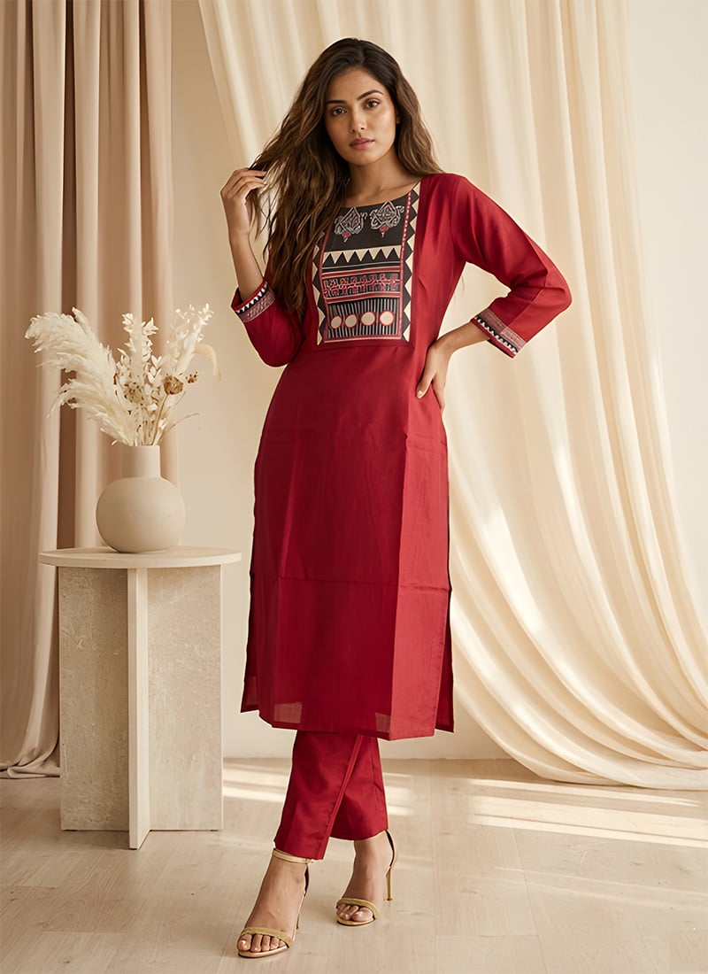 Maroon Silk Digital Print Kurta Straight Pant Set Work Wear