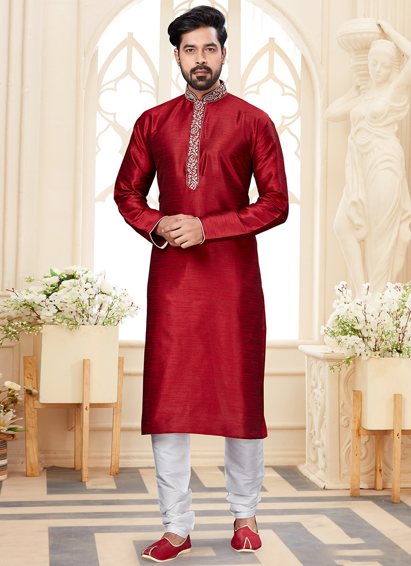 Maroon Silk Dupion Kurta Pyjama Party Wear