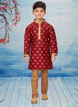 Maroon Silk Dupion Printed Kids Kurta Pyjama