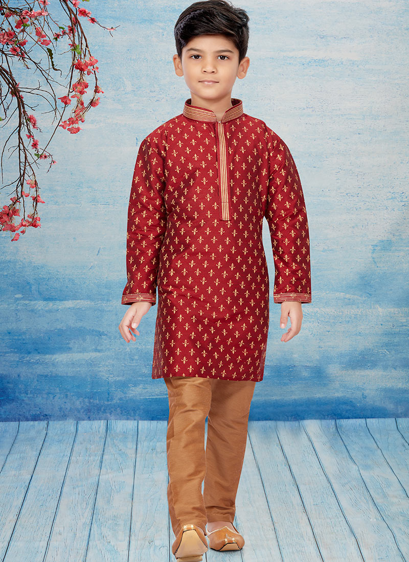 Maroon Silk Dupion Printed Kids Kurta Pyjama Party Wear
