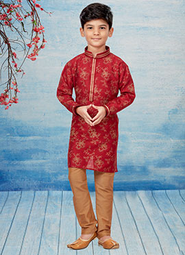 Maroon Silk Dupion Printed Kids Kurta Pyjama