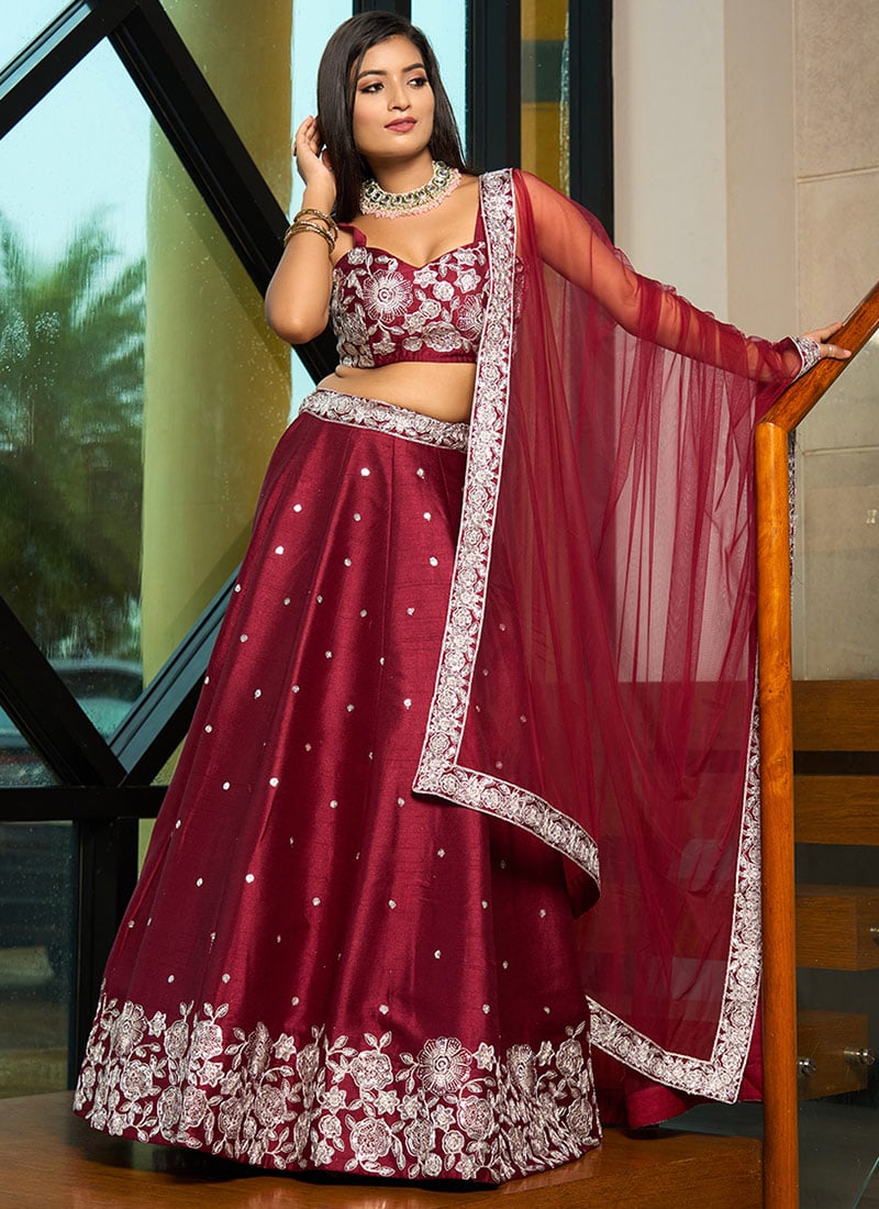 Maroon Silk Embroidered And Sequins Umbrella Lehenga Festive Wear