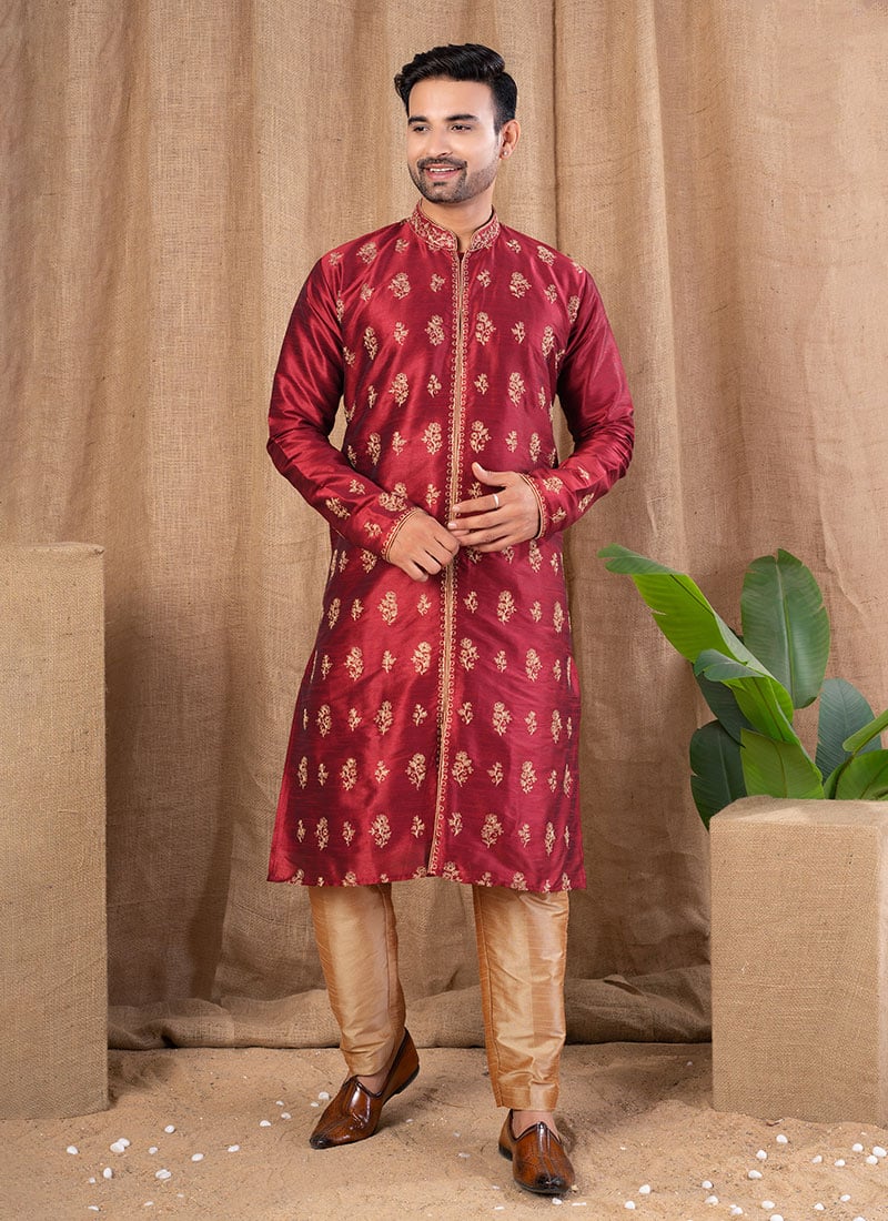 Maroon Silk Embroidered Indowestern Sherwani