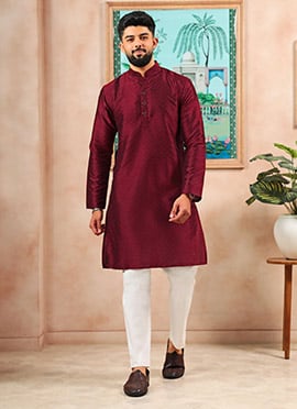 Maroon Silk Embroidered Kurta Pyjama For Men