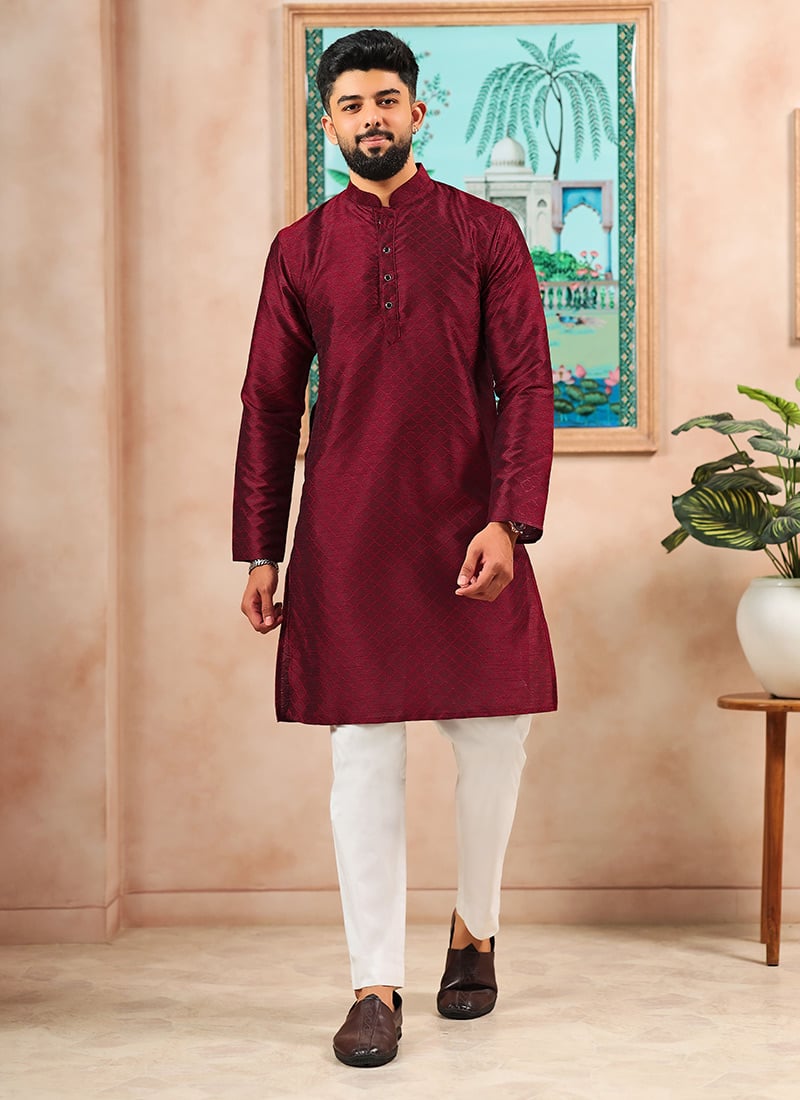 Maroon Silk Embroidered Kurta Pyjama For Men Festive Wear