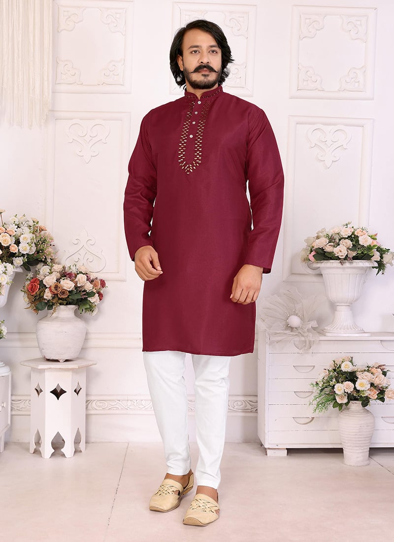 Maroon Silk Embroidered Kurta Pyjama Festive Wear