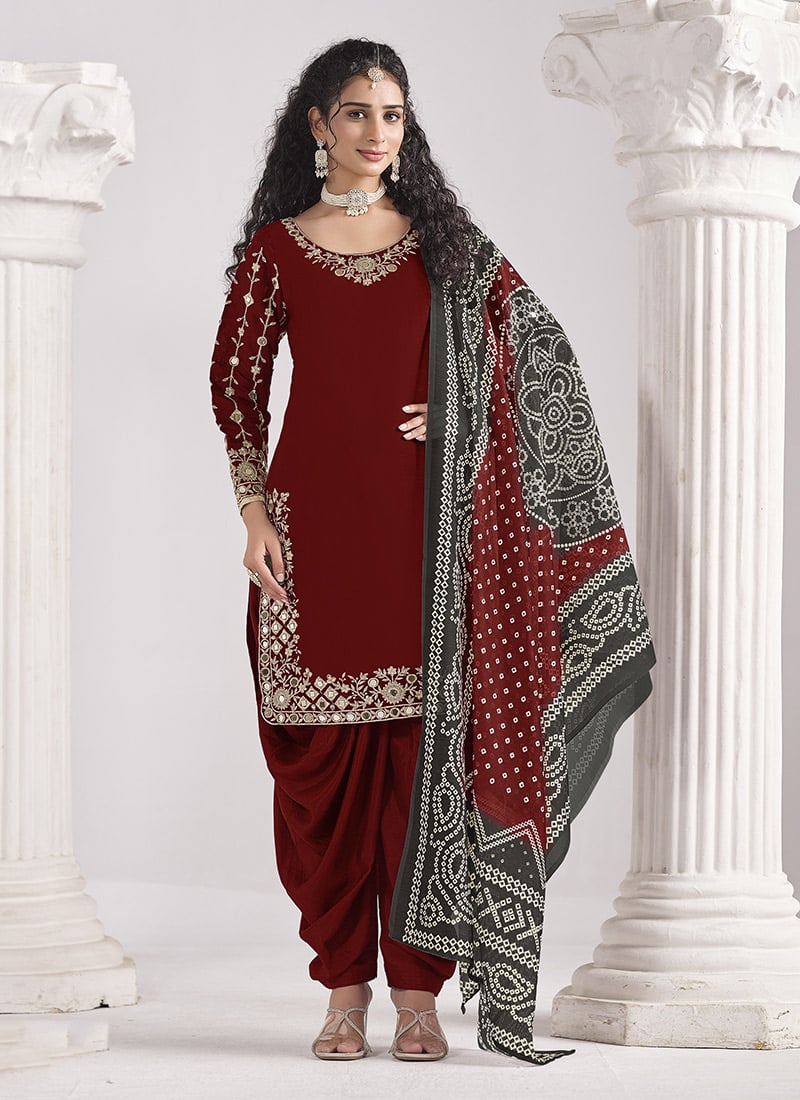 Maroon Silk Embroidered Mirror Work And Zari Dhoti Suit Festive Wear