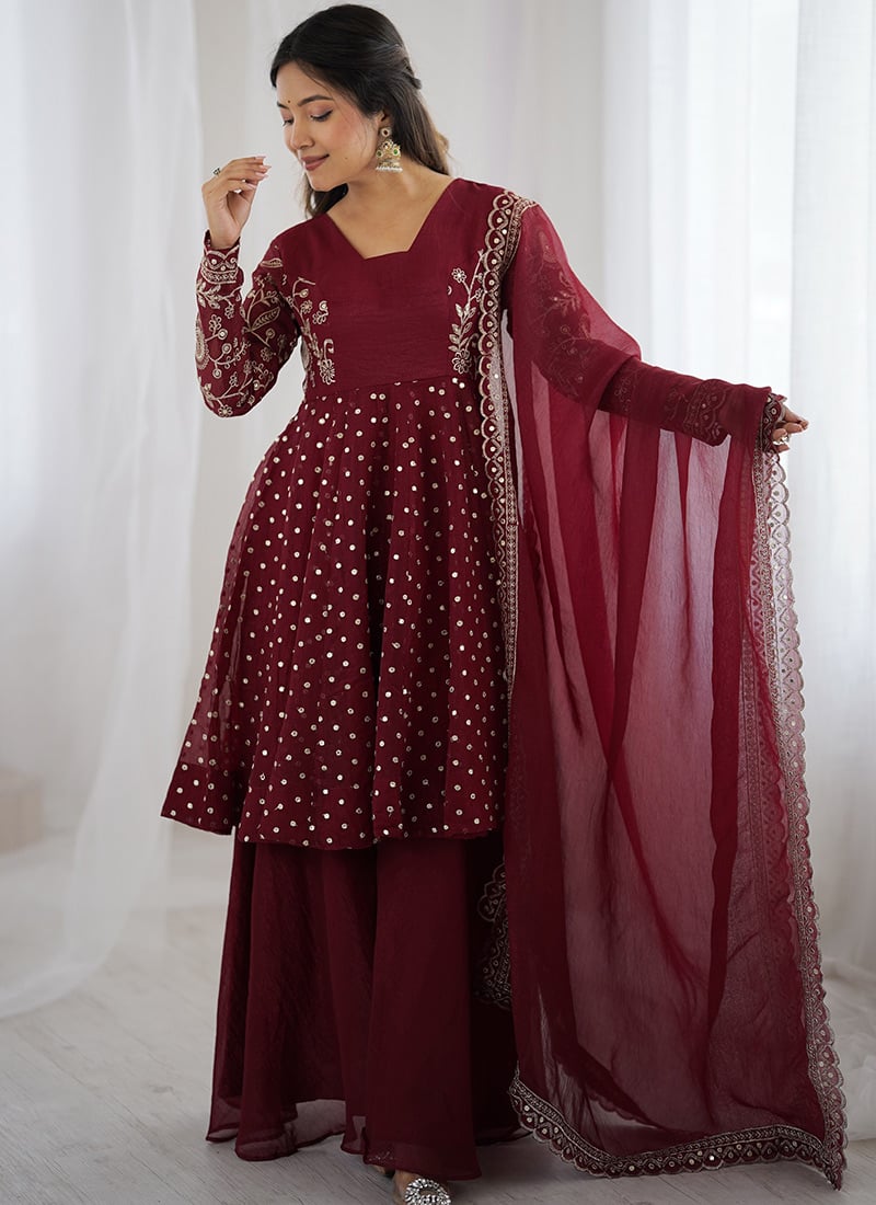Maroon Silk Embroidered Palazzo Suit Festive Wear