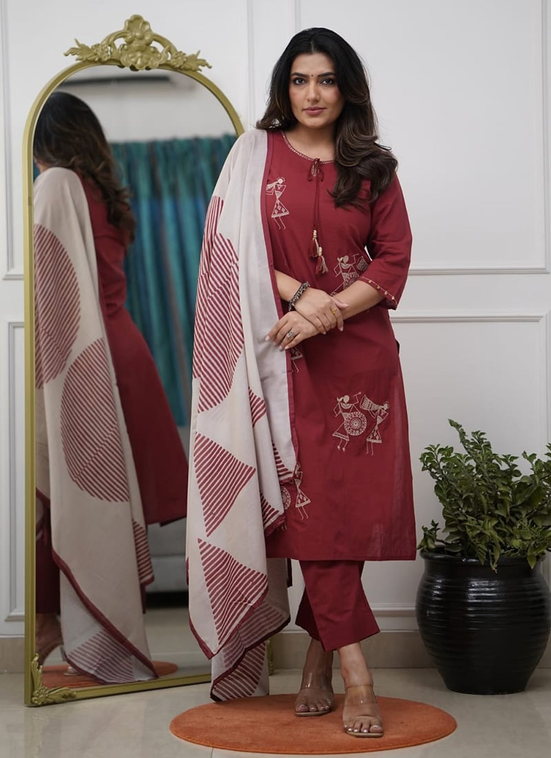 Maroon Silk Embroidered Printed Straight Pant Suit  After Six Wear