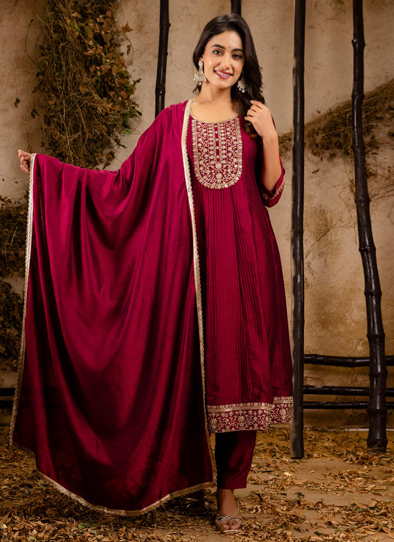 Maroon Silk Embroidered Sequins A Line Straight Pant Suit Festive Wear
