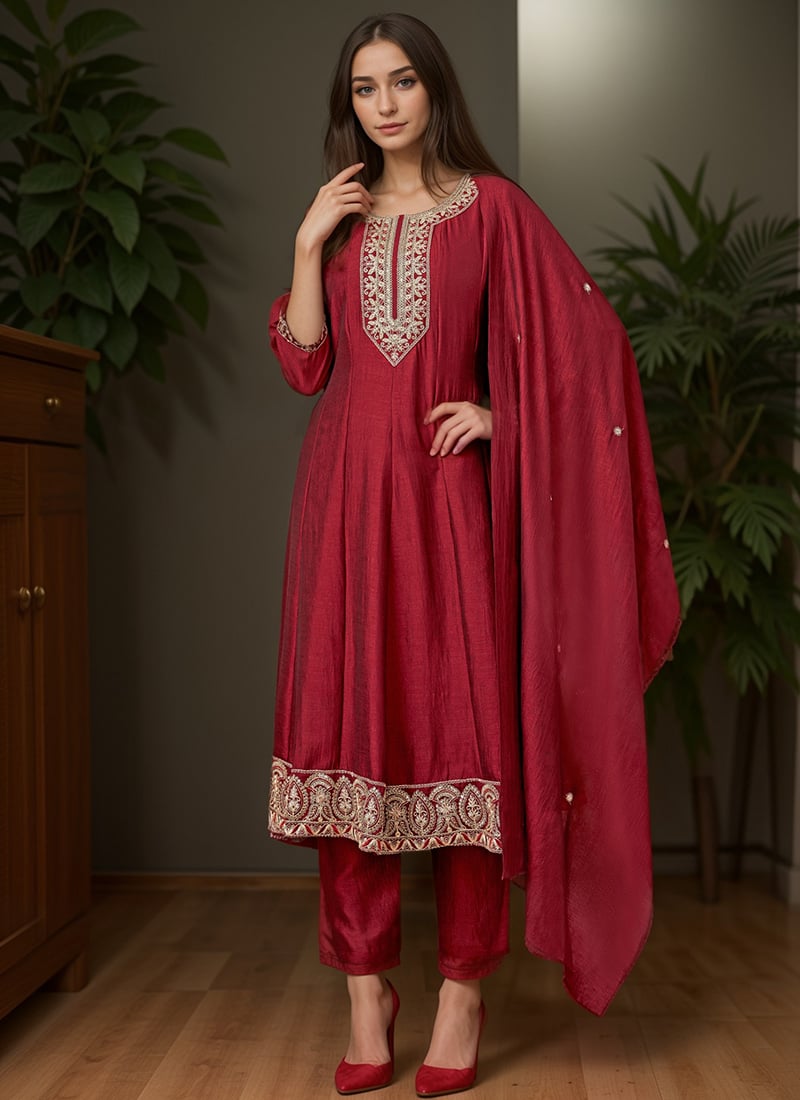 Maroon Silk Embroidered Sequins A Line Straight Pant Suit Festive Wear