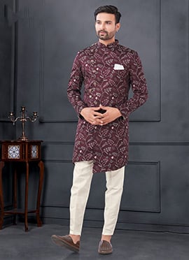 Maroon Silk Embroidered Sequins Indowestern Sherwani