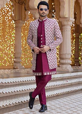 Maroon Silk Embroidered Sequins Indowestern Sherwani
