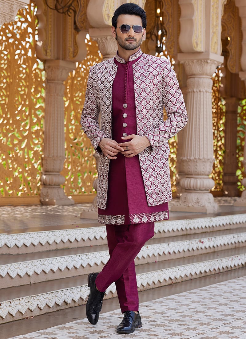 Maroon Silk Embroidered Sequins Indowestern Sherwani Wedding Wear