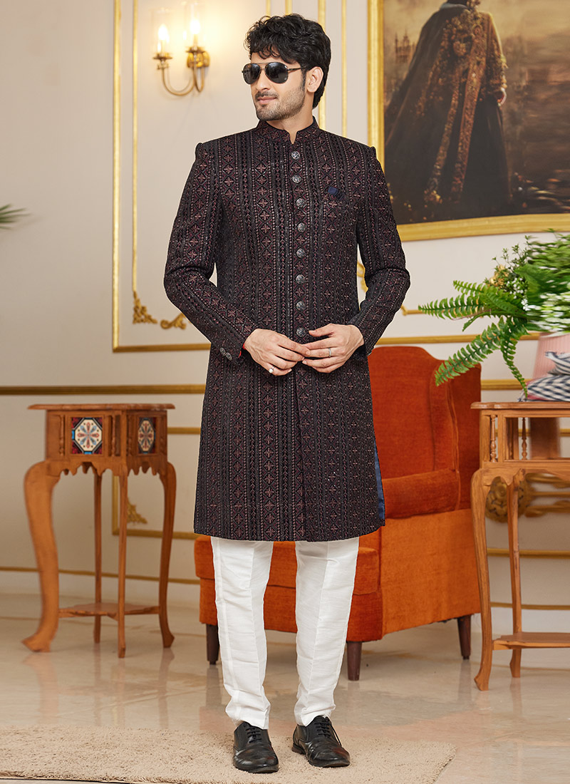 Maroon Silk Embroidered Sequins Indowestern Sherwani Wedding Wear-SHMSC3411