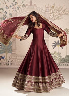 Maroon Silk Embroidered Sequins Jacquard And Gota Work Abhaya Style Anarkali Suit