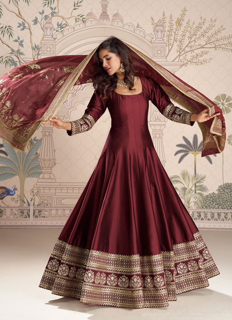 Maroon Silk Embroidered Sequins Jacquard And Gota Work Abhaya Style Anarkali Suit Festive Wear