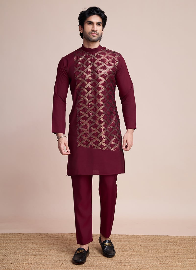 Maroon Silk Embroidered Sequins Kurta