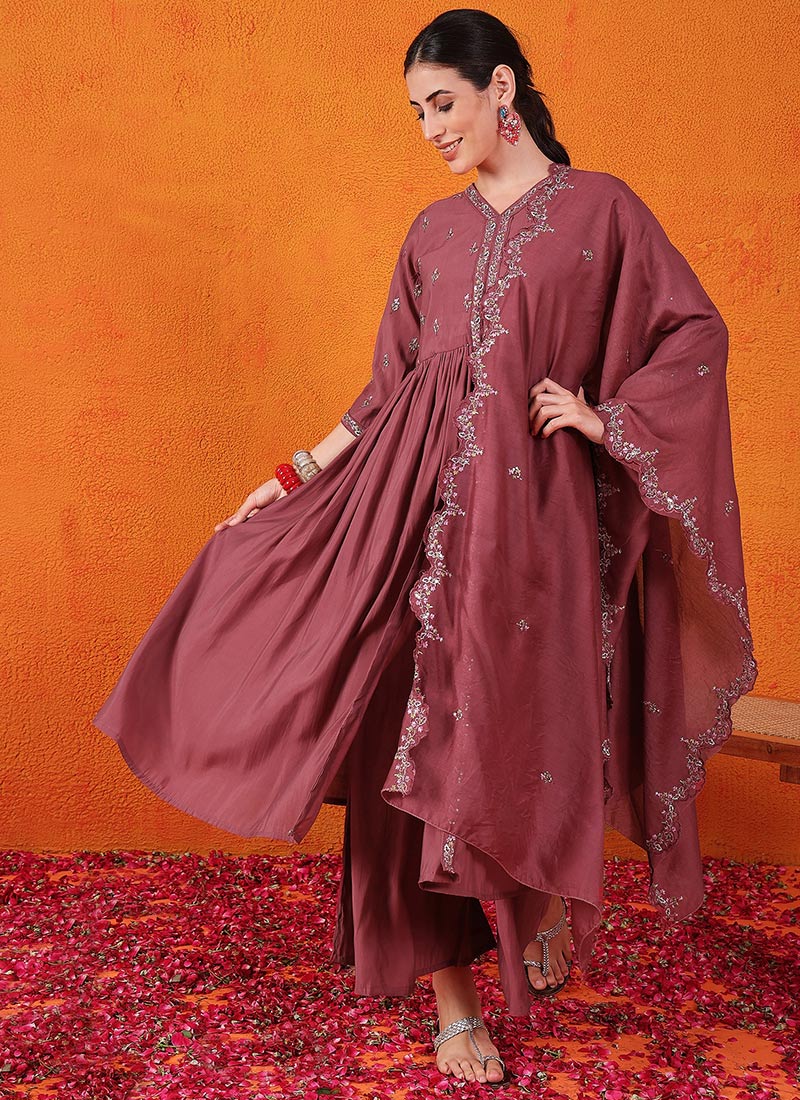 Maroon Silk Embroidered Sequins Palazzo Suit Festive Wear