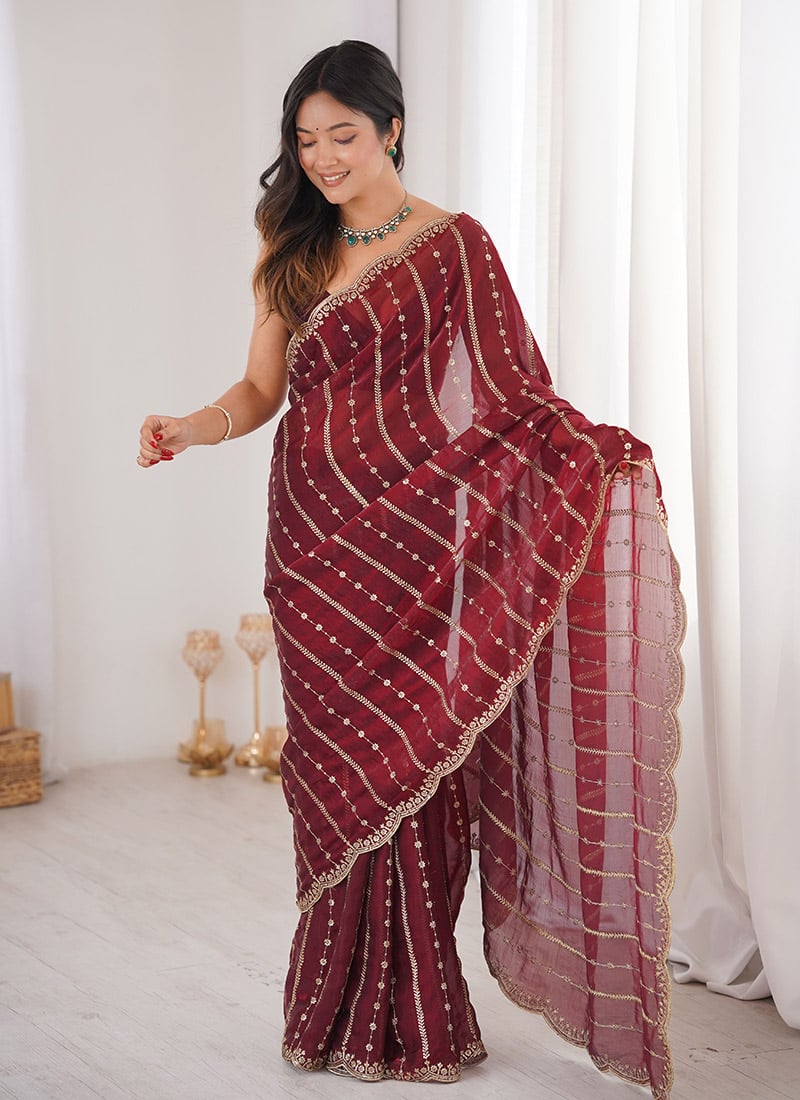 Maroon Silk Embroidered Sequins Saree Party Wear