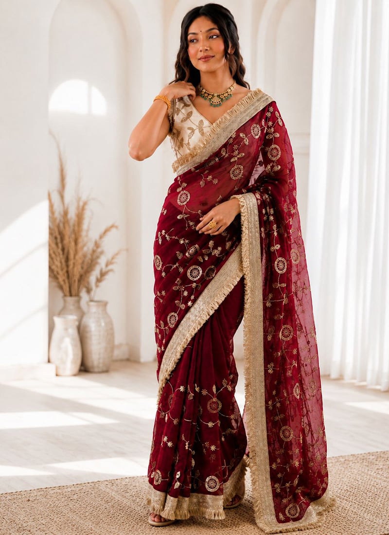 Maroon Silk Embroidered Sequins Saree Festive Wear