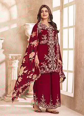 Maroon Silk Embroidered Sequins Stone Work Palazzo Suit With Digital Print Dupatta