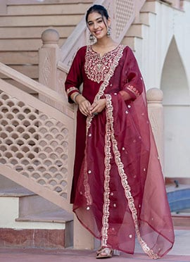 Maroon Silk Embroidered Sequins Straight Pant Suit