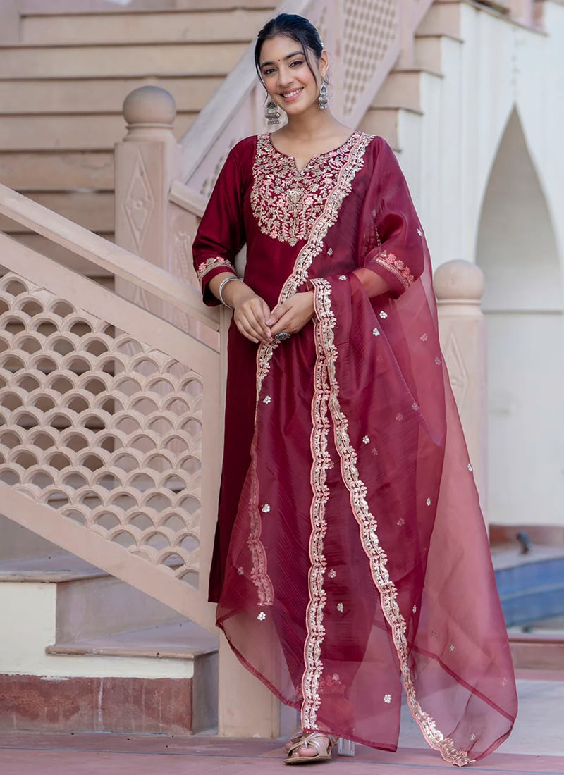 Maroon Silk Embroidered Sequins Straight Pant Suit After Six Wear