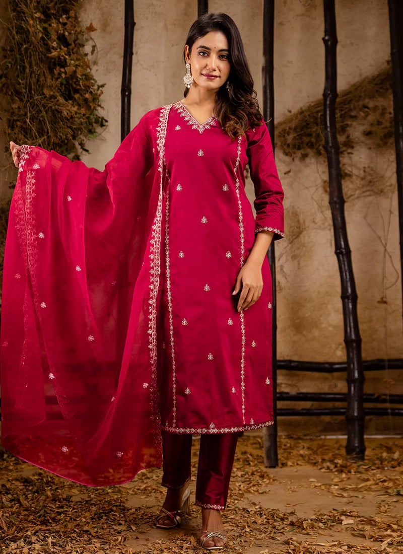 Maroon Silk Embroidered Sequins Straight Pant Suit