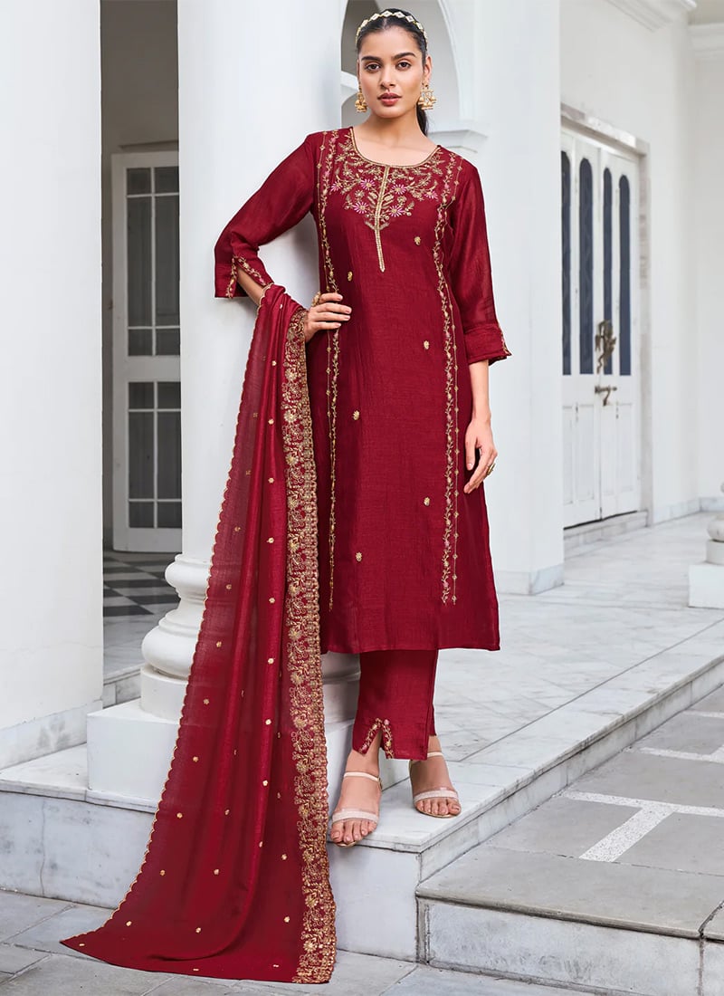 Maroon Silk Embroidered Sequins Straight Pant Suit Festive Wear