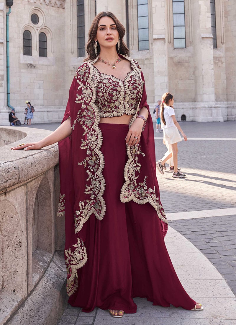 Maroon Silk Embroidered Sequins With Mirror Work Indowestern Jacket Palazzo Set Wedding Wear-IWSUSCC56255574D