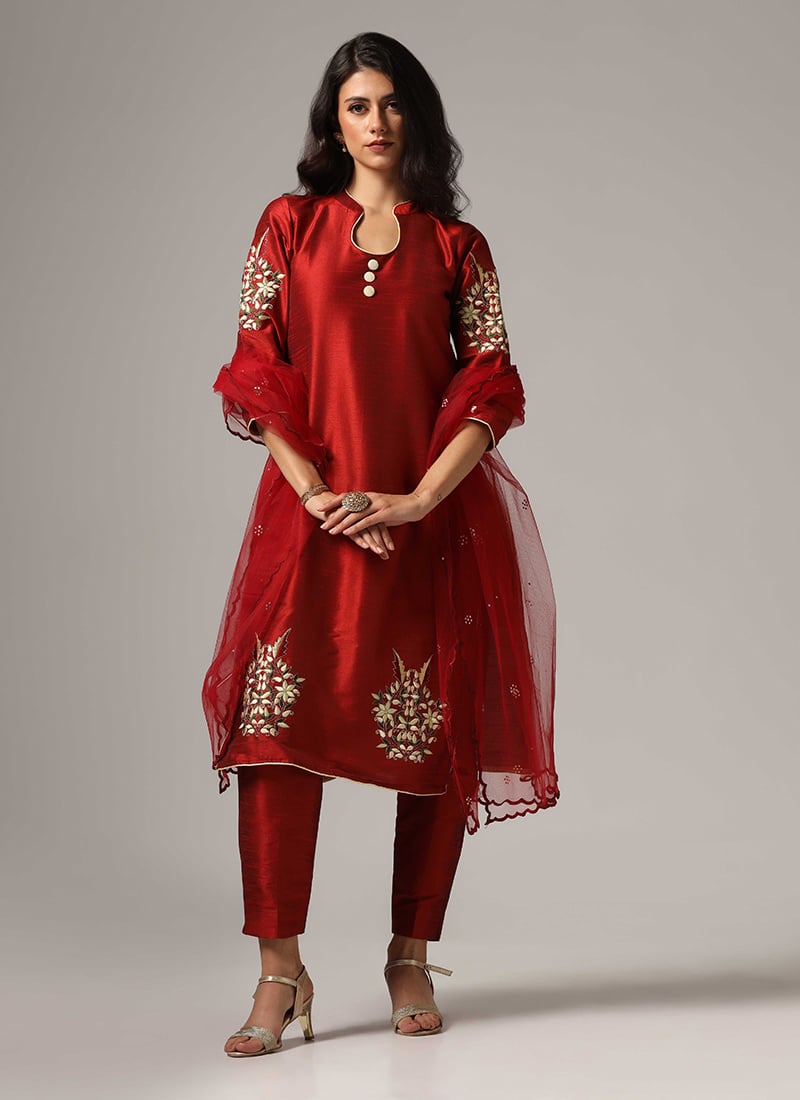 Maroon Silk Embroidered Straight Pant Suit Party Wear