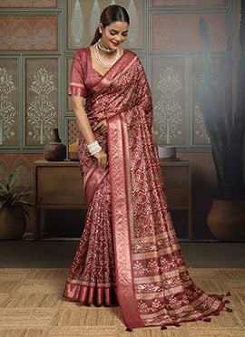 Maroon Silk Floral Printed Saree