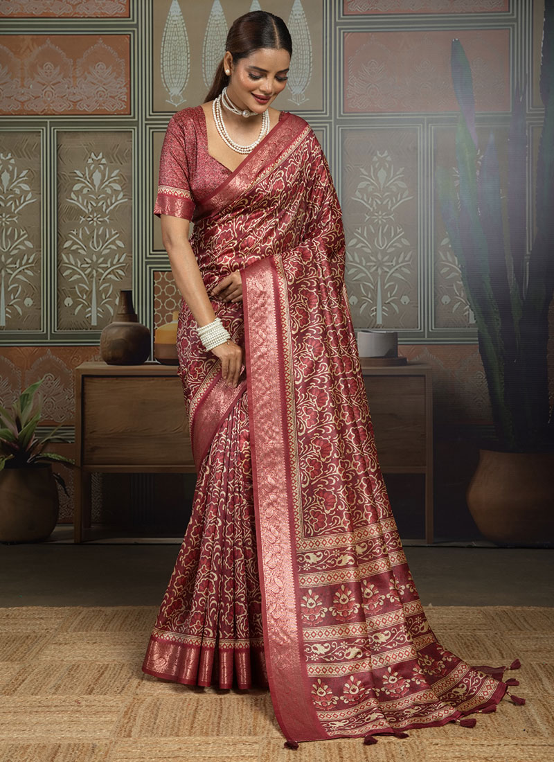 Maroon Silk Floral Printed Saree Festive Wear