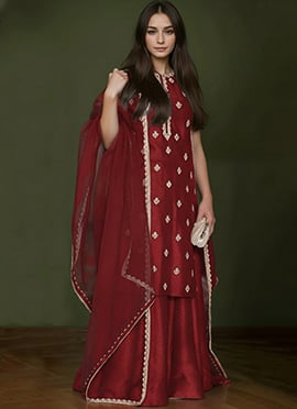 Maroon Silk Hand Embroidered And Zardosi Palazzo Suit