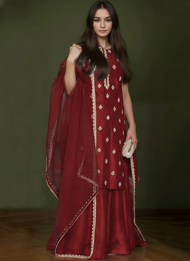 Maroon Silk Hand Embroidered And Zardosi Palazzo Suit