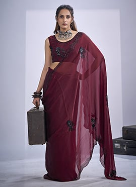 Maroon Silk Hand Embroidered Cutdana Sequins Saree