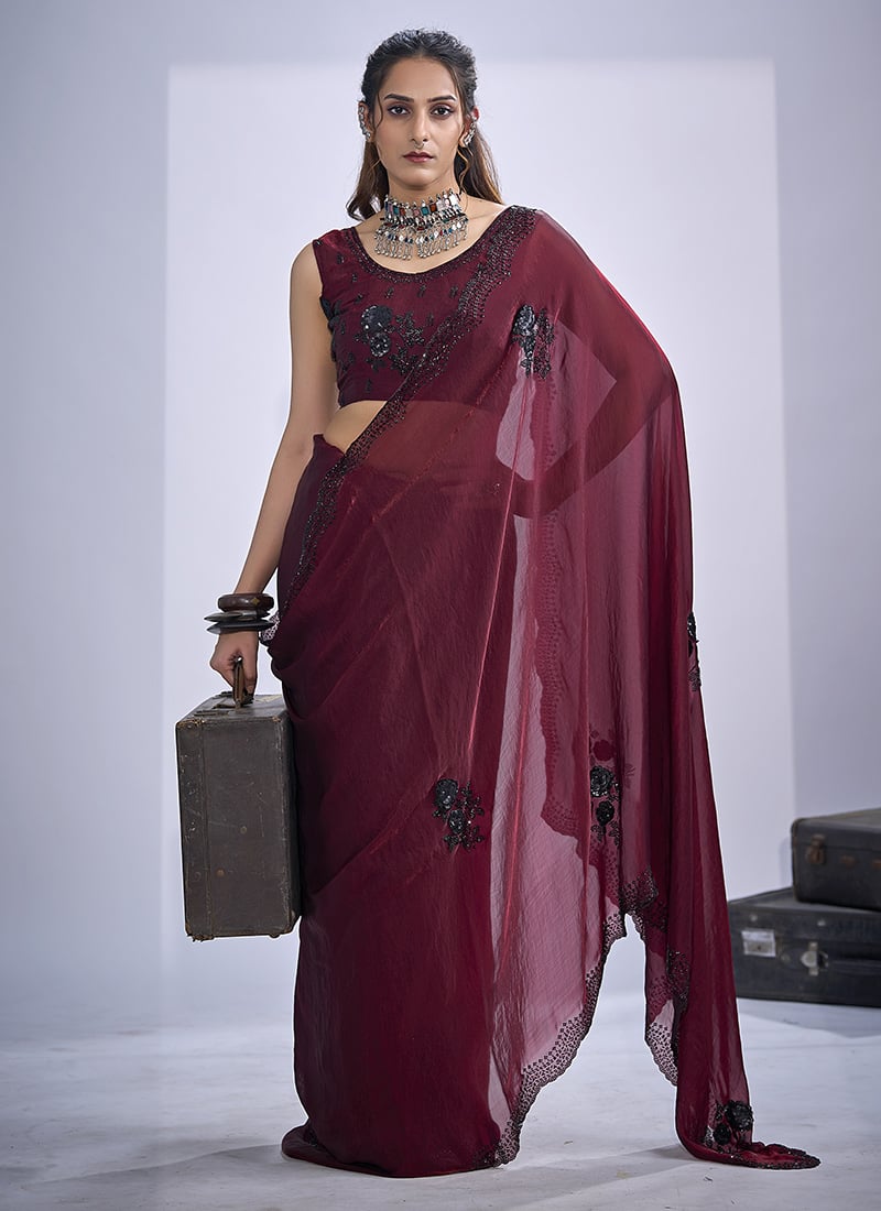 Maroon Silk Hand Embroidered Cutdana Sequins Saree After Six Wear