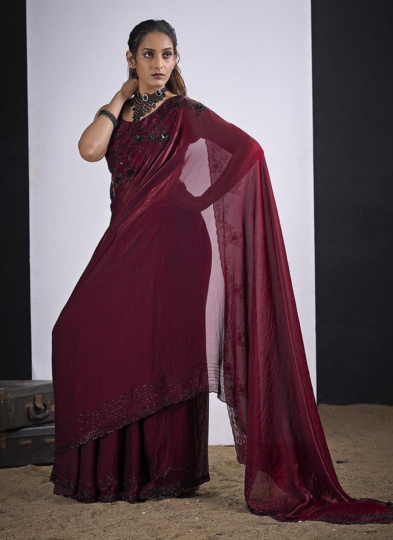 Maroon Silk Hand Embroidered Saree After Six Wear