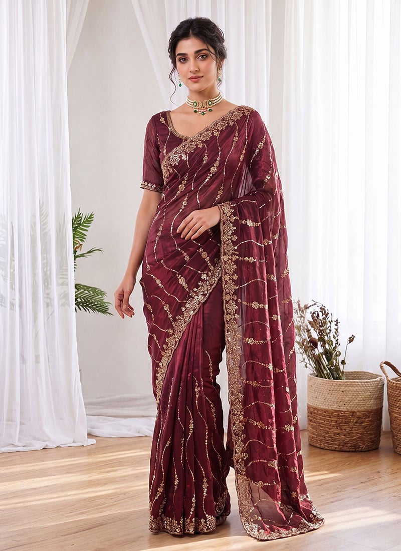 Maroon Silk Hand Embroidered Sequins With Stone Cutdana Work Saree Festive Wear