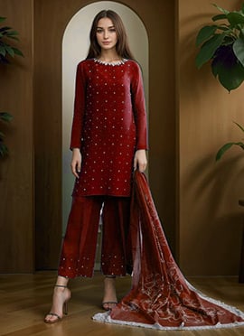Maroon Silk Hand Embroidered Stone And Mirror Work Palazzo Suit