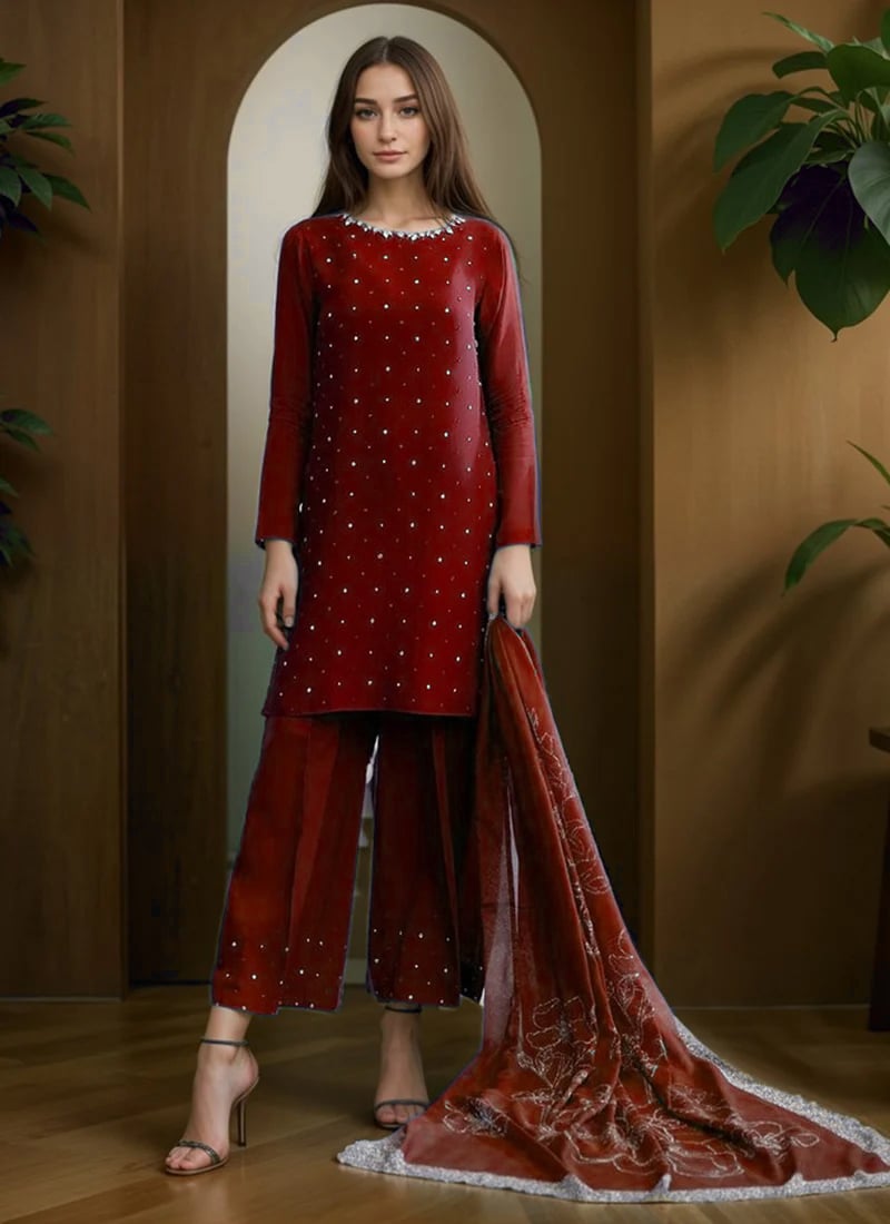 Maroon Silk Hand Embroidered Stone And Mirror Work Palazzo Suit Festive Wear